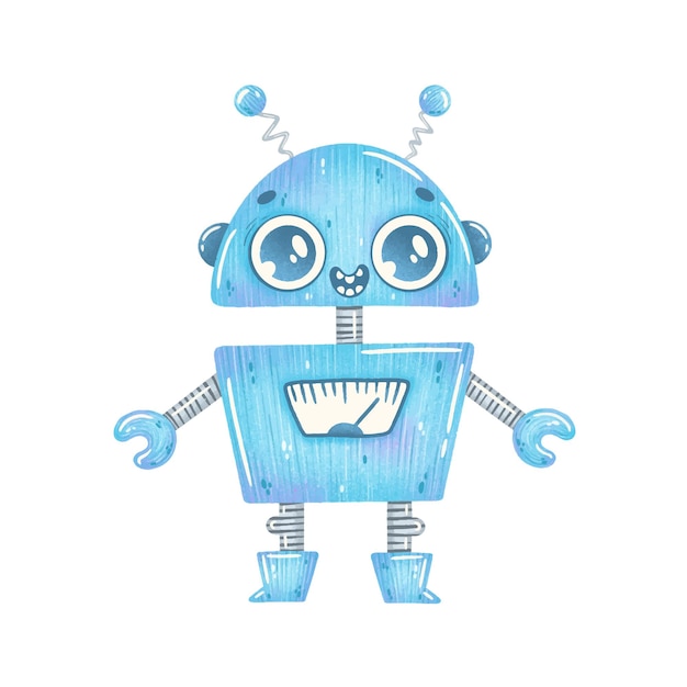 Illustration of cute cartoon blue robot isolated on white