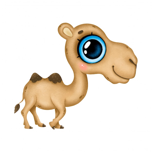 Illustration of a cute cartoon brown camel with big blue eyes isolated