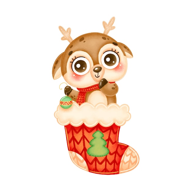 Illustration of a cute cartoon christmas deer holding a christmas tree toy in red christmas sock