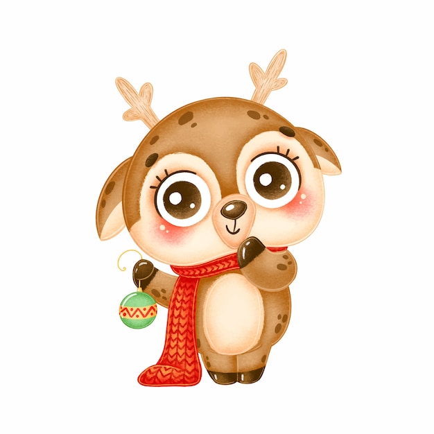 Illustration of a cute cartoon christmas deer wearing a red scarf holding a christmas tree toy