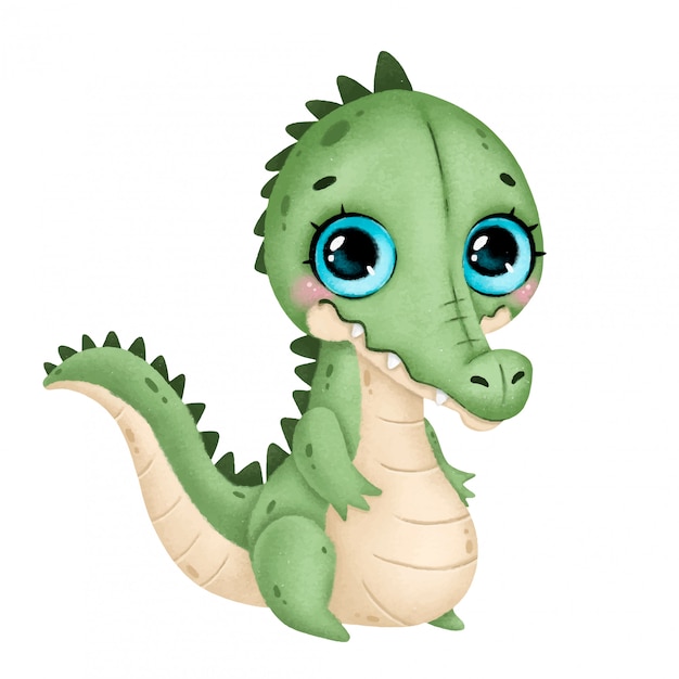 Illustration of a cute cartoon crocodile with big eyes stands isolated  