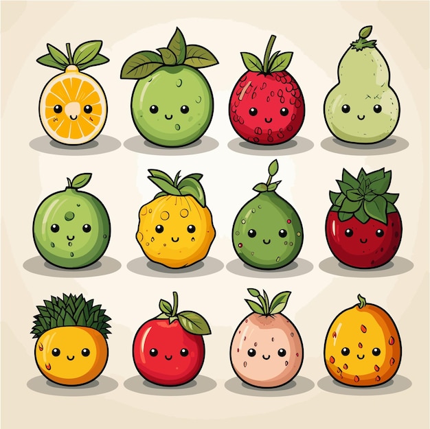 Illustration of cute cartoon fruits kawaii kids