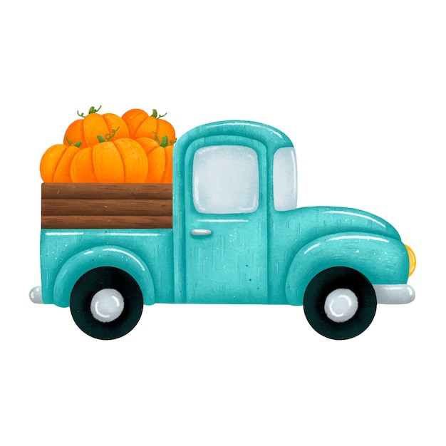 Illustration of a cute cartoon green car pickup truck with orange pumpkins. Autumn harvest farm truck isolated  