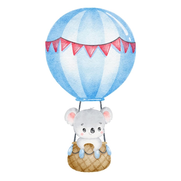 Illustration of a cute cartoon koala in a hot air balloon Little cute watercolor animals