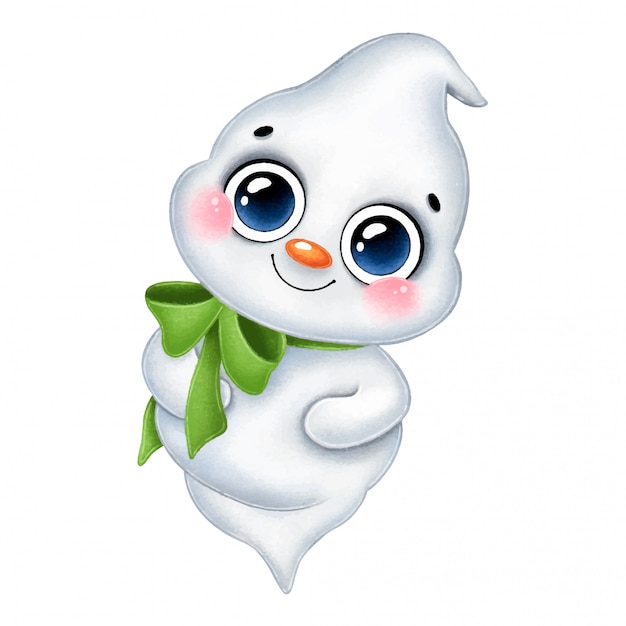 Illustration of a cute cartoon little smiling white fat ghost with a green bow isolated