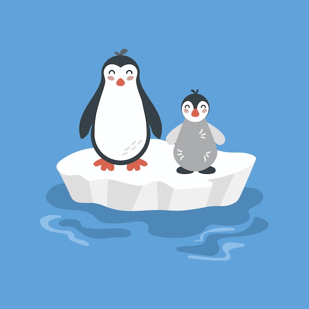 Illustration of cute cartoon penguin family on ice floe Baby penguin arctic animals