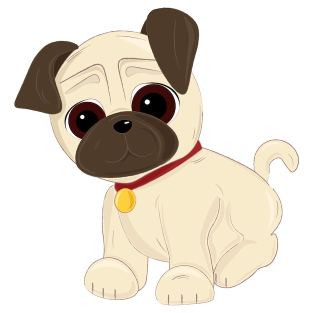 Illustration of a cute cartoon pug with a collar