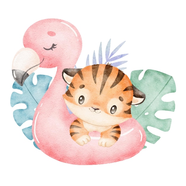 Illustration of a cute cartoon tiger isolated on a white background Little cute watercolor animals