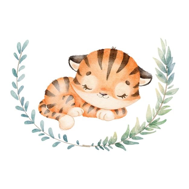 Illustration of a cute cartoon tiger sleeping Little cute watercolor animals