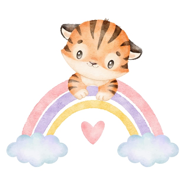 Illustration of a cute cartoon tiger with rainbow Little cute watercolor animals