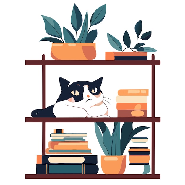 Vector illustration of a cute cat sitting on a bookshelf next to house plants vector art tshirt art