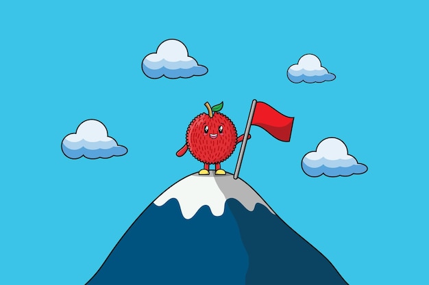 Illustration of cute character Lychee climbs top mountain in flat modern design