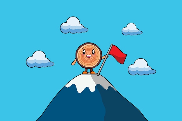 Illustration of cute character Lychee climbs top mountain in flat modern design