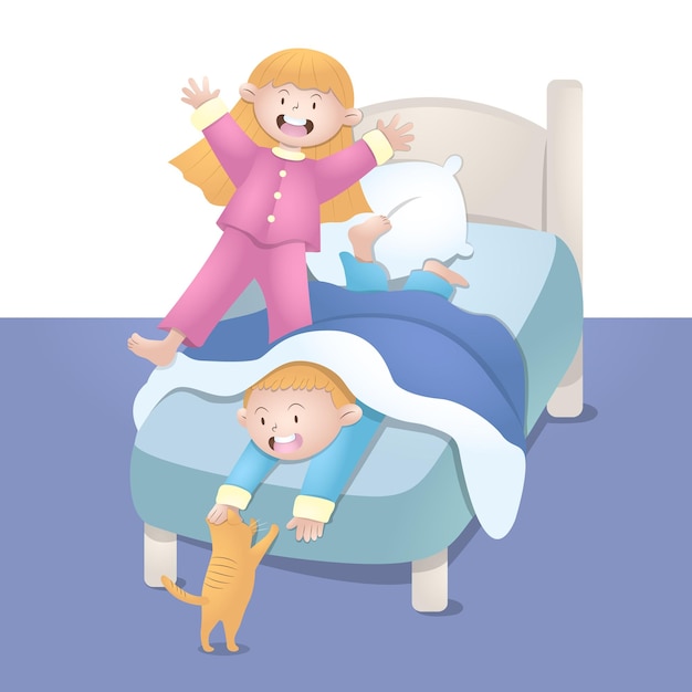 Illustration of cute children playing and having fun before going to sleep