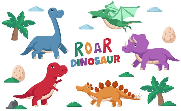 Illustration of cute colorful dinosaur, stegosaurus, tricerator, pterodactyl, tyrannosaurus, brontosaurus for kid children illustration concept