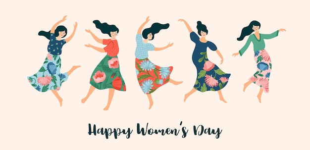 illustration of cute dancing women. International Women s Day concept