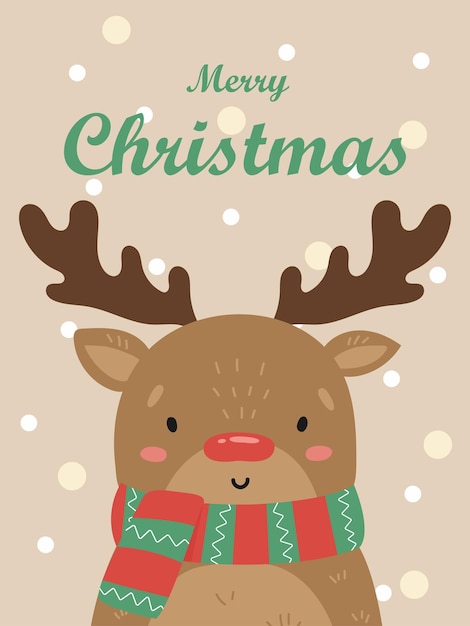 Illustration of a cute deer with a red nose in a striped scarf Vector Christmas card