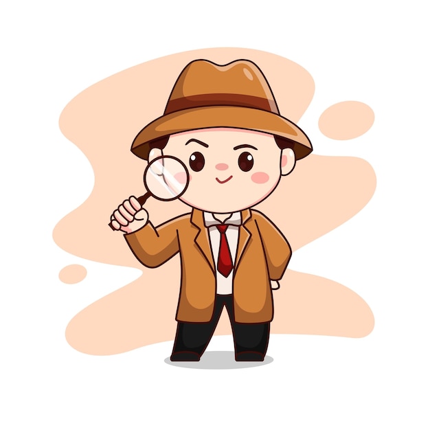 Illustration of cute detective or man wearing brown suit bring a magnifying glass chibi character