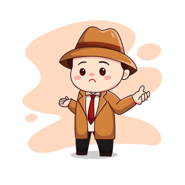 Illustration of cute detective or man wearing brown suit feeling confused kawaii chibi character