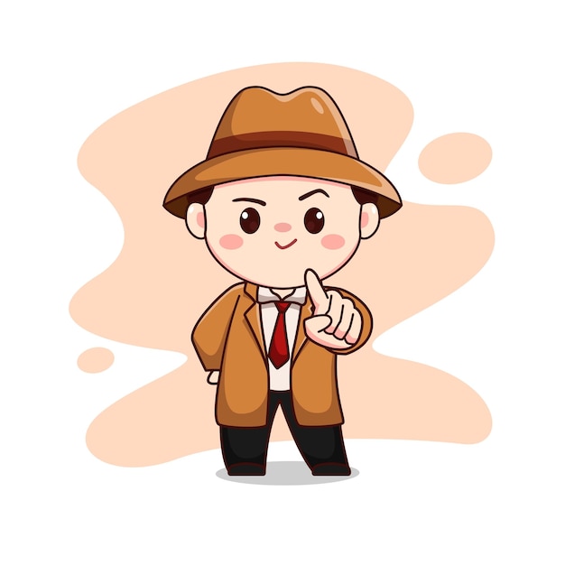 Illustration of cute detective or man wearing brown suit with pointing finger kawaii chibi character