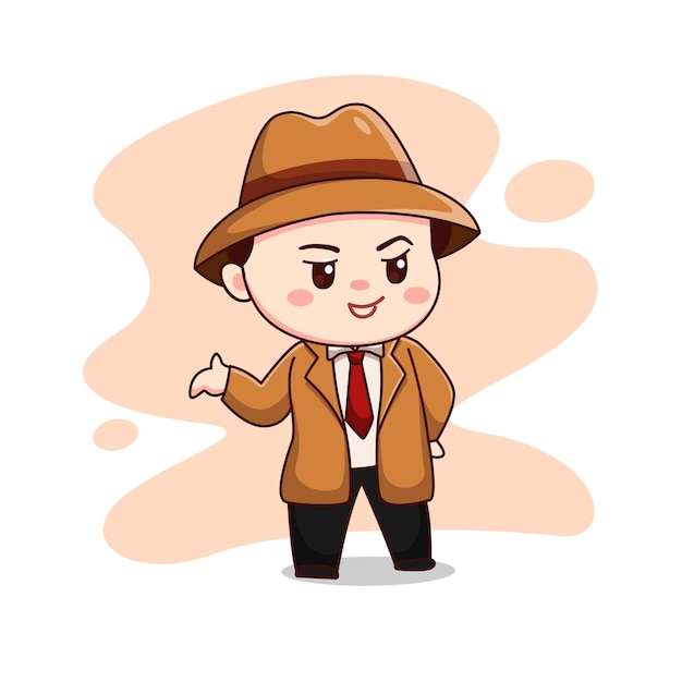 Illustration of cute detective with hat and brown suit cartoon chibi character