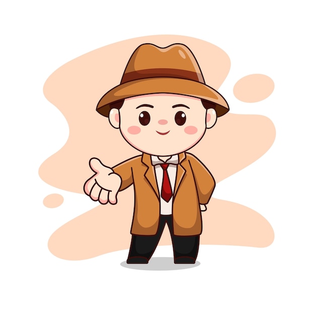 Illustration of cute detective with hat and brown suit cartoon chibi character