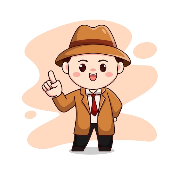 Illustration of cute detective with pointing finger kawaii chibi character