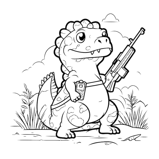 Illustration of a Cute Dinosaur Holding a Rifle Coloring Book