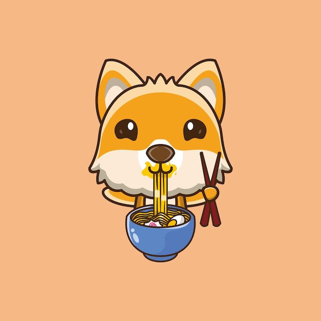 Illustration of cute dog cartoon mascot eating ramen noodles while standing