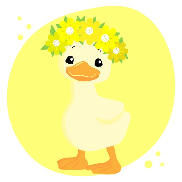 Illustration, cute duckling in floral wreaths on a yellow abstract background, pastel colors
