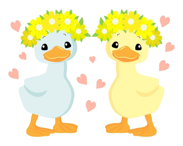 Illustration, cute ducklings in floral wreaths on a background with hearts, pastel colors.
