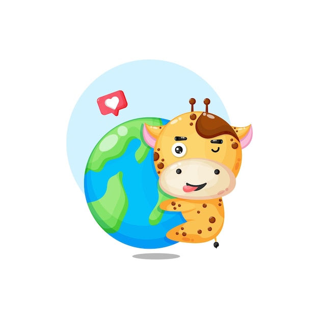 Illustration of cute giraffe hugging the earth