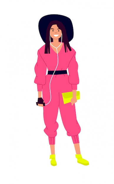 Vector illustration of a cute girl in a hat and a pink jumpsuit.