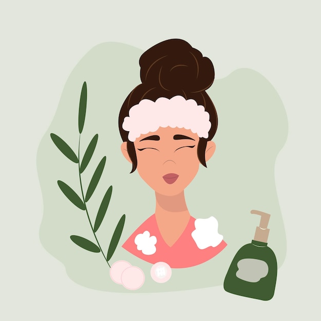 Illustration of a cute girl and her skin care face cleansing