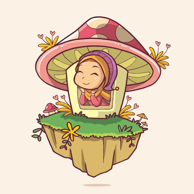 Illustration of a cute girl in the mushroom house Hand drawn art