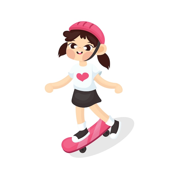 Illustration of Cute Girl Playing Skate board with Cartoon Style