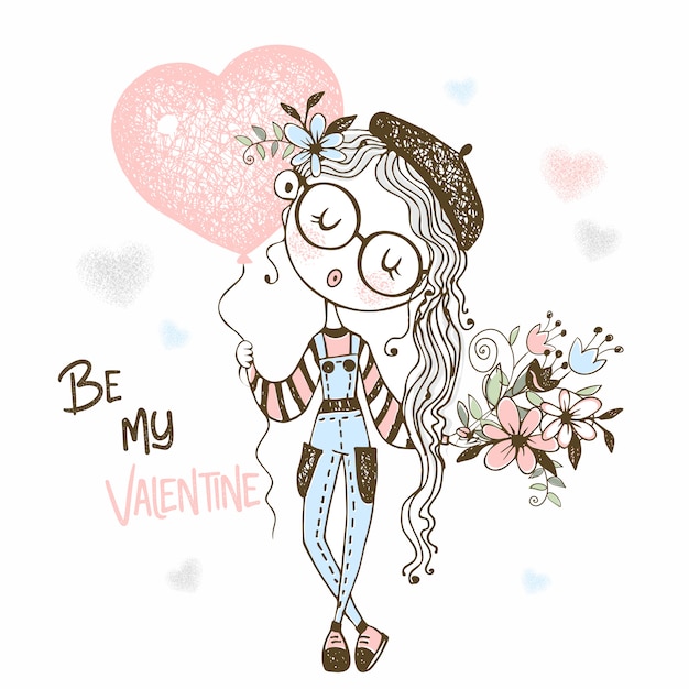 Illustration of Cute girl with a balloon in the form of a heart and a bouquet of flowers