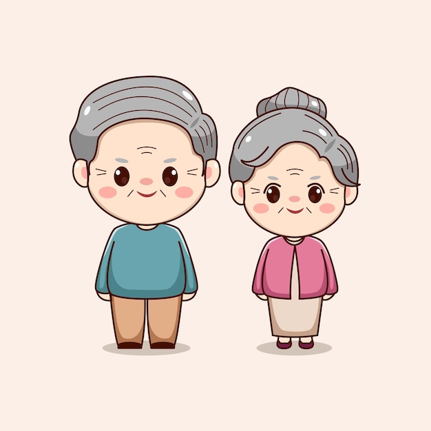 Illustration of cute happy grandparent kawaii chibi character vintage design valentines day couple