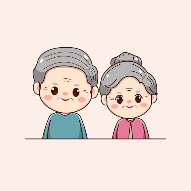 Illustration of cute happy grandparent kawaii chibi character vintage design valentines day couple