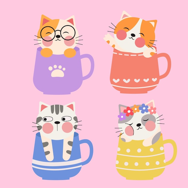 An illustration of a cute little cat in a cup