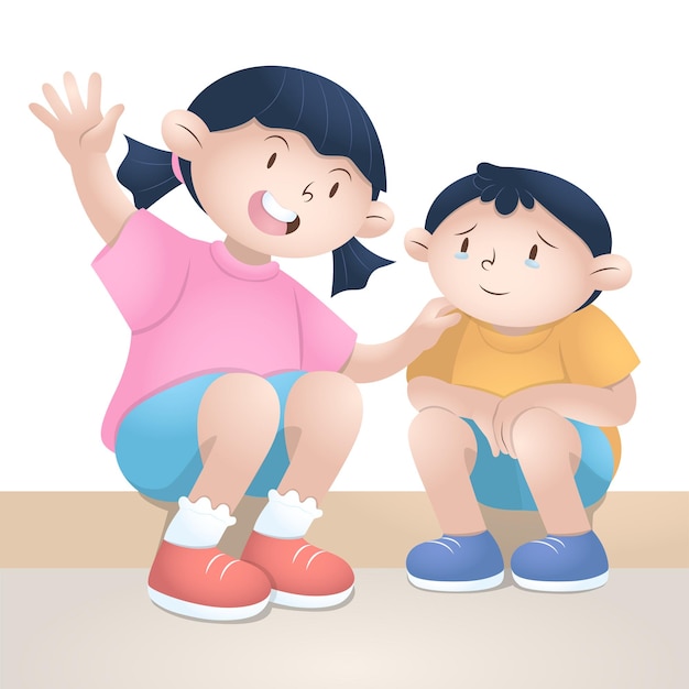 Illustration of cute little girl cheering up younger brother