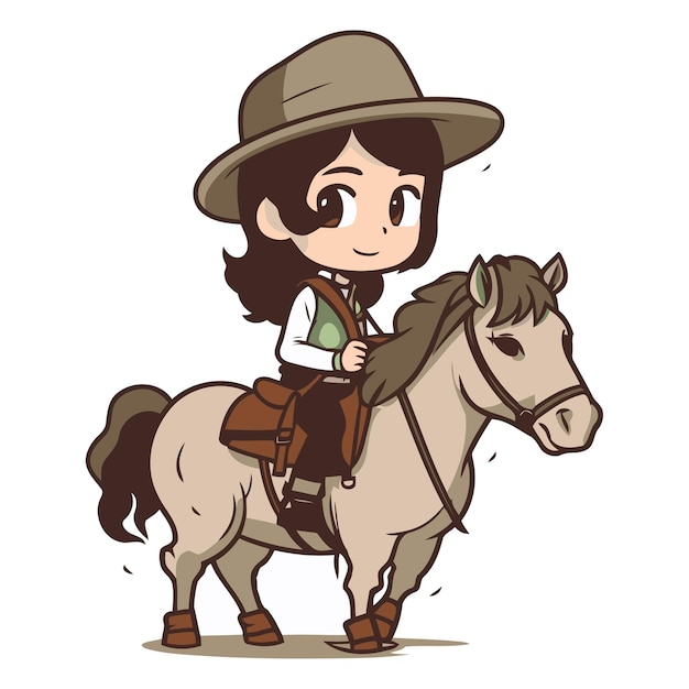 Illustration of a Cute Little Girl Wearing a Cowboy Hat and Riding a Horse