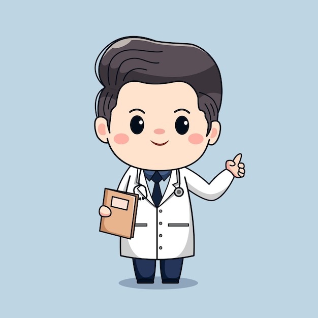 Illustration of cute male doctor finger pointing up Kawaii vector cartoon character design