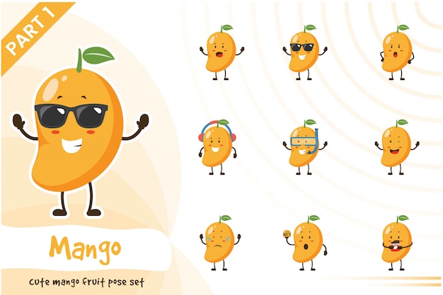 Illustration of cute mango fruit set