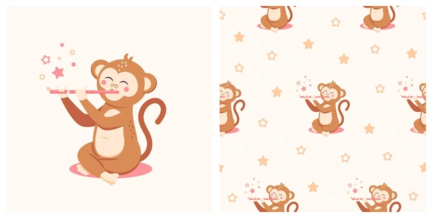  Illustration of Cute monkey with seamless pattern. Can be used for baby t-shirt print, fashion print design, kids wear, baby shower celebration greeting and invitation card.