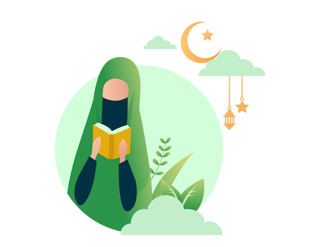 illustration of cute muslimah reading quran