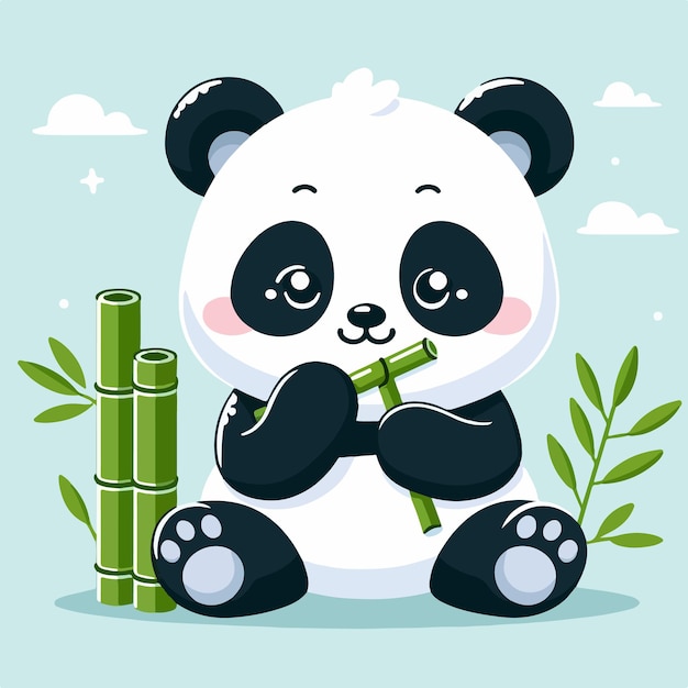 Vector illustration of cute panda playing with bamboo