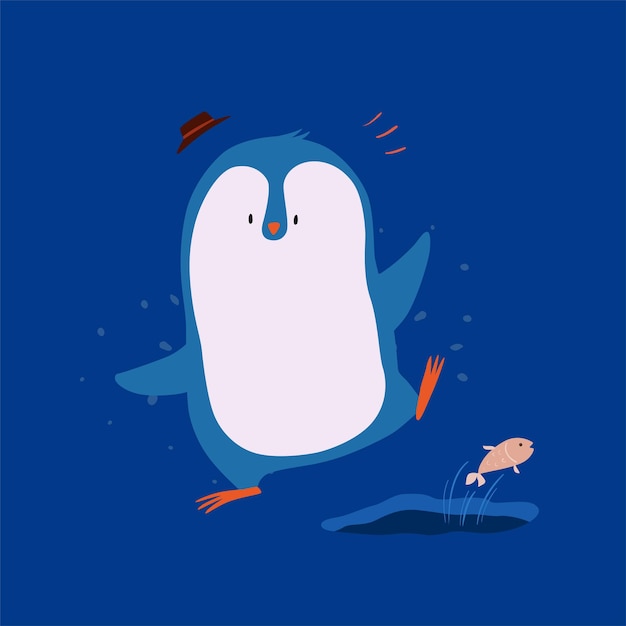 Illustration of a cute penguin playing with fish