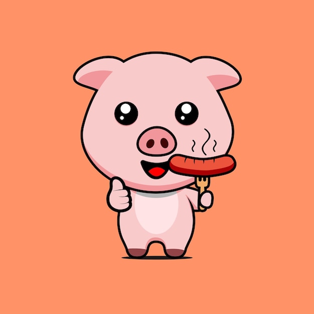 Illustration of cute pig eating sausage