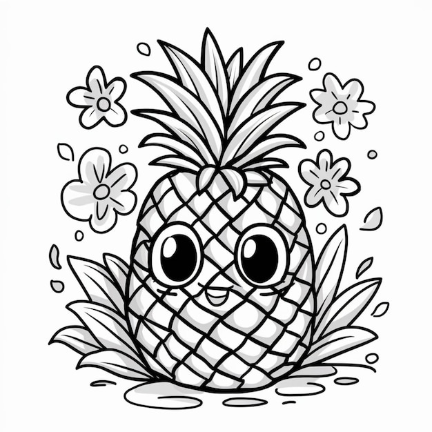 Illustration of a cute pineapple in a coloring book